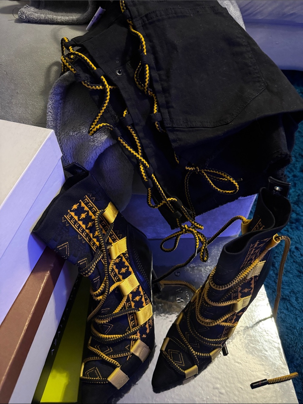 Black & Gold Lace-Up Pointed-Toe Heeled Boots